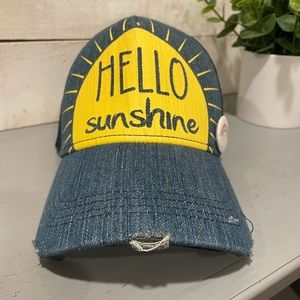 Hello Sunshine ball cap, distressed.